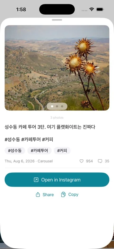 게시물 상세 — 캡션·해시태그·작성일