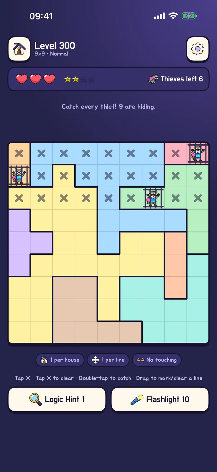 A puzzle board: find the thief hiding in each colored house with logic