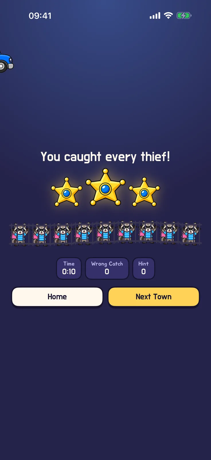 Clear screen with all thieves caught and three stars